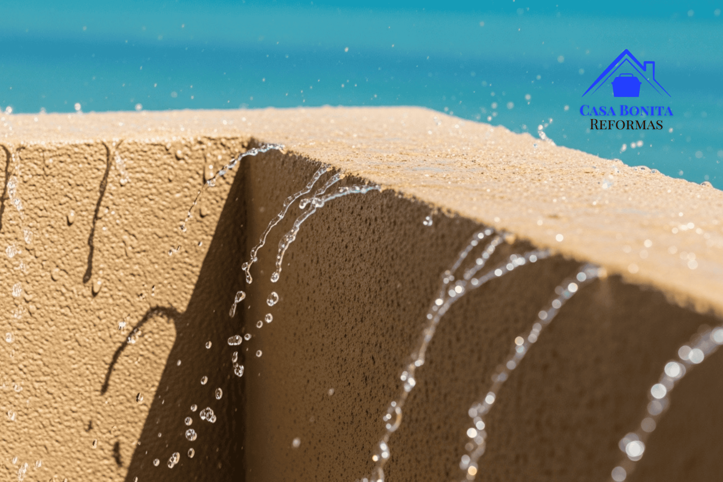 A Engenharia das Tintas (A Blindagem Elastomérica) A parede possui uma pintura com textura levemente emborrachada (tinta elastomérica) em tom de areia. O sol bate forte na superfície. A parede está repelindo perfeitamente dezenas de gotículas de água cristalina (simulando o spray marinho), que escorrem sem penetrar na alvenaria. Ao fundo, levemente desfocado (efeito bokeh), o mar azul-turquesa de Salvador.