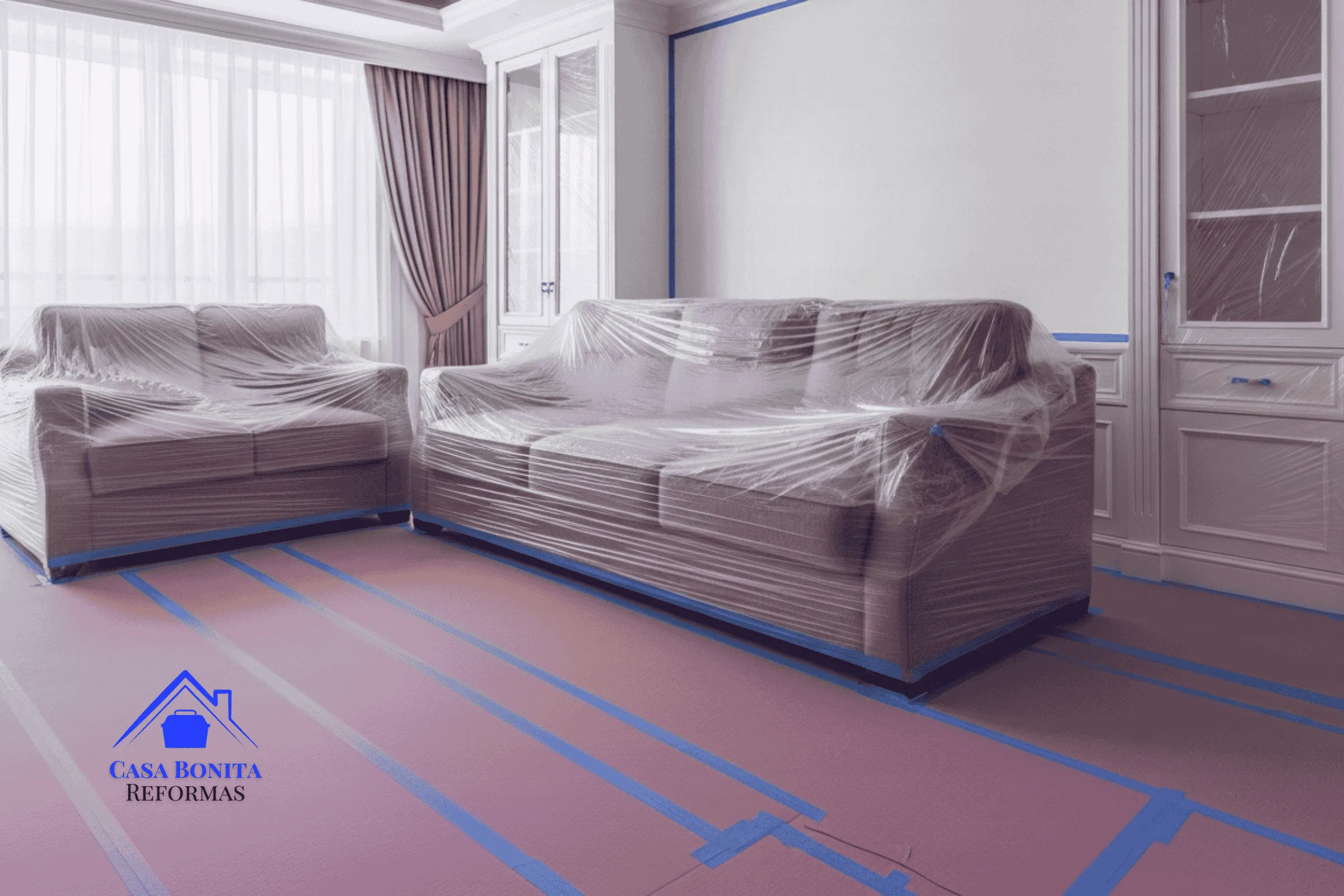 A Metodologia da 'Obra Invisível': Proteção Hospitalar para seu Apartamento O chão está coberto com papelão ondulado de proteção (salva-piso), os rodapés estão mascarados com fita crepe azul de precisão. Um sofá grande e móveis planejados estão completamente envelopados em plástico eletrostático transparente, parecendo lacrados a vácuo. O ambiente está organizado, limpo e protegido, sem nenhum pintor em cena, focado apenas na preparação meticulosa.