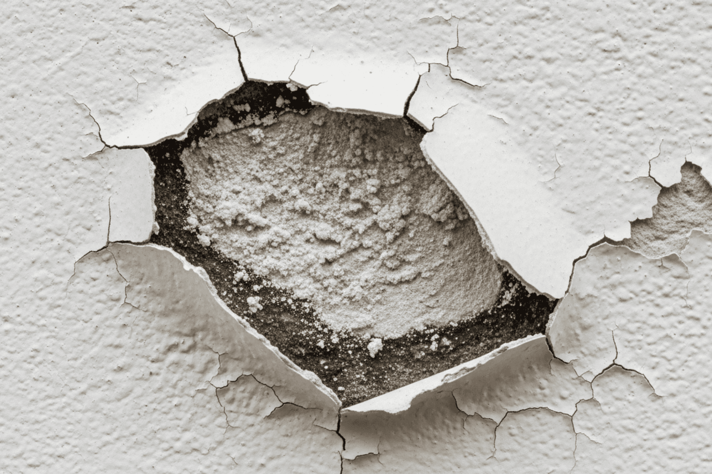 O Fenômeno da Eflorescência parede branca de alvenaria doente. A imagem foca em uma grande bolha de tinta estourada e descascada. Por baixo da lasca de tinta, o reboco escuro está exposto, coberto por um pó branco cristalizado intenso (salitre/eflorescência). A textura da parede ao redor é áspera e degradada. A iluminação lateral dura destaca o relevo da bolha e a descamação, mostrando fisicamente a agressividade da maresia destruindo a resina.