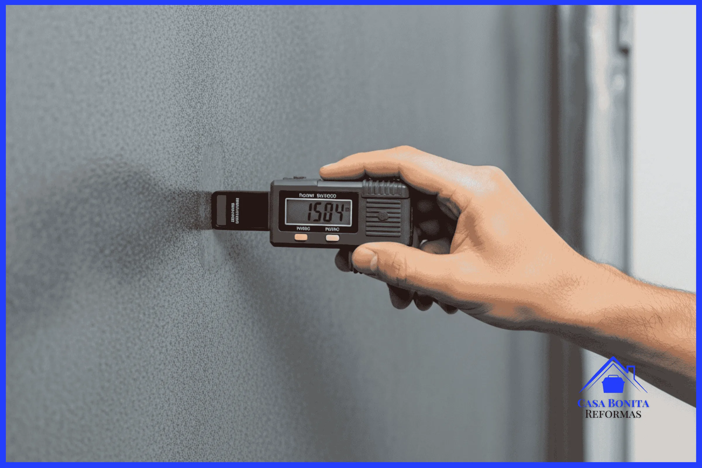 A Matemática do Investimento O 'Caro' que Sai Barato O foco está na mão de um engenheiro ou pintor técnico usando um medidor de espessura de tinta digital (um pequeno aparelho eletrônico) pressionado contra uma parede recém-pintada em tom cinza fosco elegante. O visor digital mostra números precisos. A iluminação destaca a textura rica e aveludada da parede, indicando uma camada grossa e protetora de tinta, sem diluição excessiva. Transmite profissionalismo, métricas exatas e controle de qualidade.