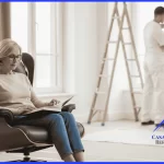 mulher elegante está sentada em uma poltrona de design, lendo um livro tranquilamente com uma xícara de café ao lado. Ao fundo, levemente desfocado (efeito bokeh), vê-se um pintor profissional uniformizado de branco trabalhando em uma parede. O chão está perfeitamente coberto por um papelão ondulado bege (Salva-Piso) e não há uma única gota de sujeira ou poeira no ar.