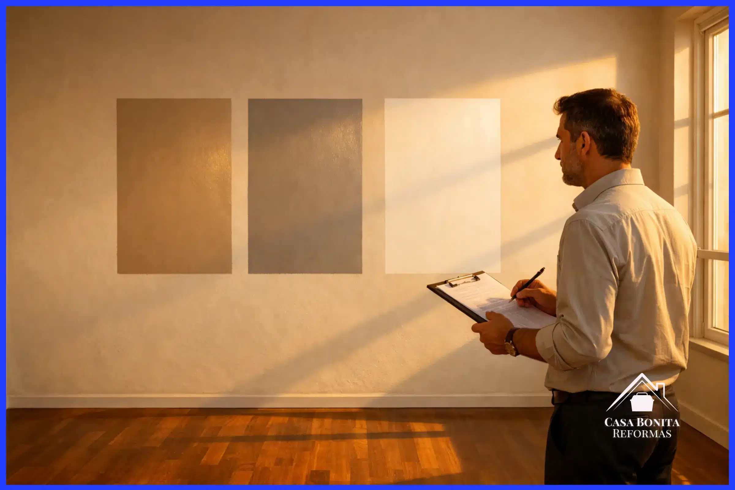 Escolha Técnica de Cores e o Impacto da Luz Soteropolitana sala vazia com piso de madeira rigorosamente protegido, a luz quente e inclinada do sol da tarde de Salvador (golden hour) entra pela janela. Na parede perfeitamente lisa e emassada, há três grandes blocos de amostras de tintas aplicadas em diferentes tons neutros e sofisticados (fendi, cinza quente, off-white). Um especialista (homem de costas ou de perfil, com prancheta) observa como a luz natural interage com o acabamento acetinado de cada amostra.