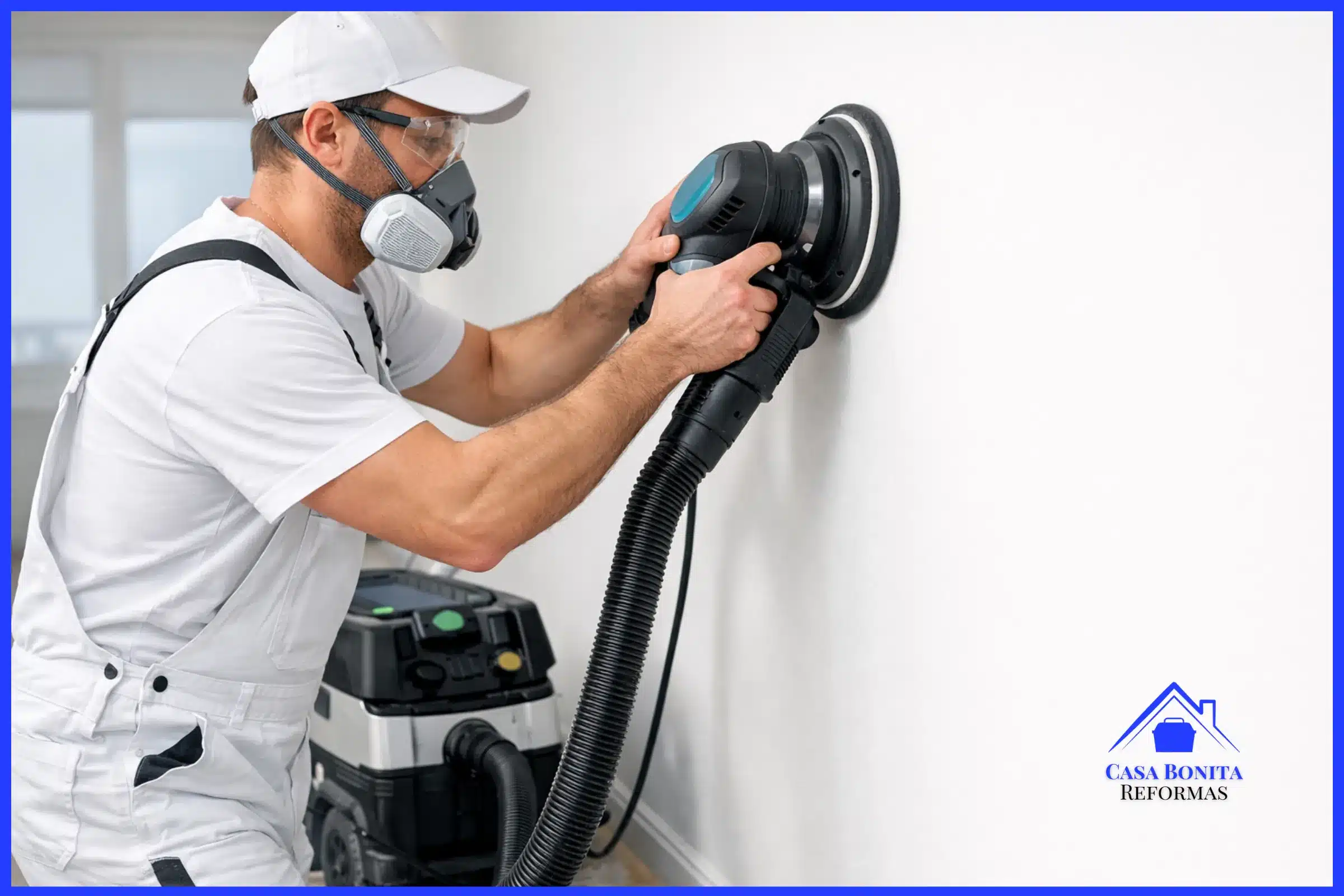 Lixamento Mecanizado com Aspiração pintor profissional uniformizado utiliza uma lixadeira roto-orbital elétrica e moderna encostada em uma parede interna. A lixadeira está conectada diretamente por uma mangueira flexível a um aspirador industrial robusto posicionado no chão protegido. A iluminação forte da sala destaca um detalhe crucial: o ar do ambiente está 100% cristalino, sem absolutamente nenhuma nuvem de poeira branca em suspensão.