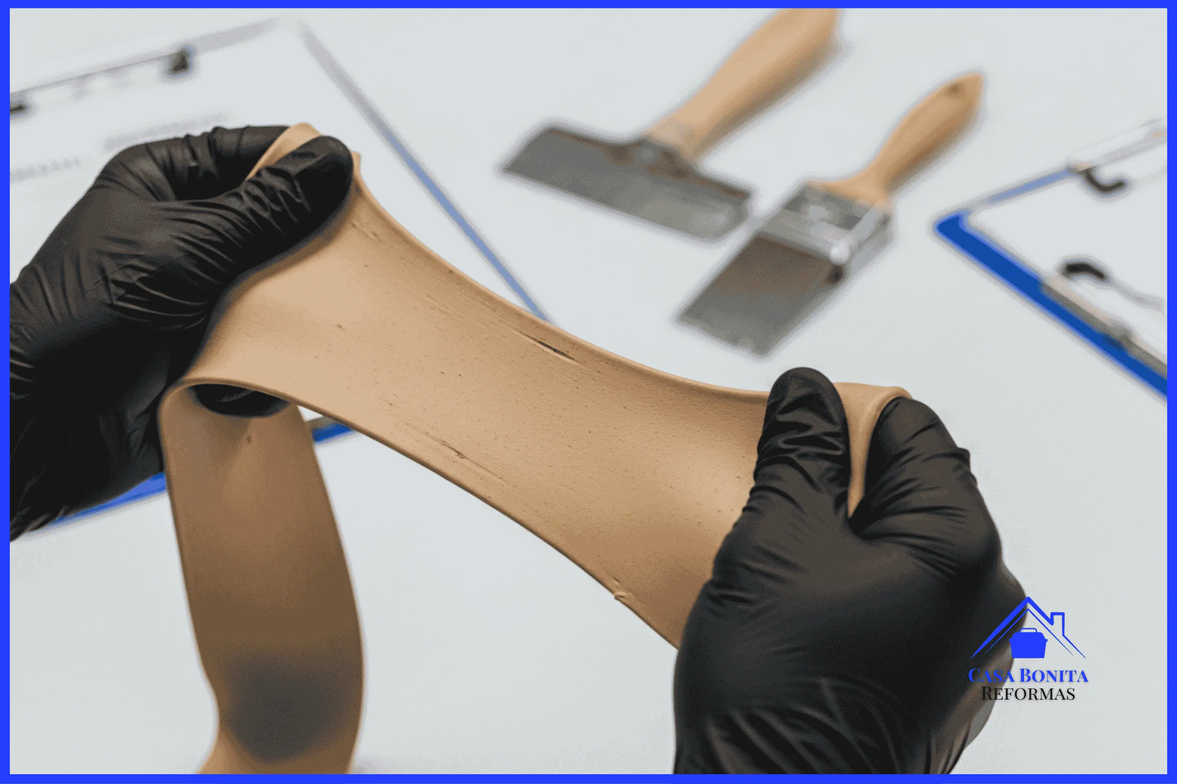 O Duelo das Fachadas na Orla Coral Sol & Chuva vs. Suvinil Proteção Total duas mãos com luvas pretas de nitrilo seguram e esticam vigorosamente uma grossa película de tinta seca (como se fosse uma tira de borracha flexível na cor areia). A película estica consideravelmente sem rasgar. Ao fundo, levemente desfocado, ferramentas de pintura premium e pranchetas de anotação. A imagem transmite alta tecnologia, testes de elasticidade, elongação e resistência mecânica da tinta elastomérica.