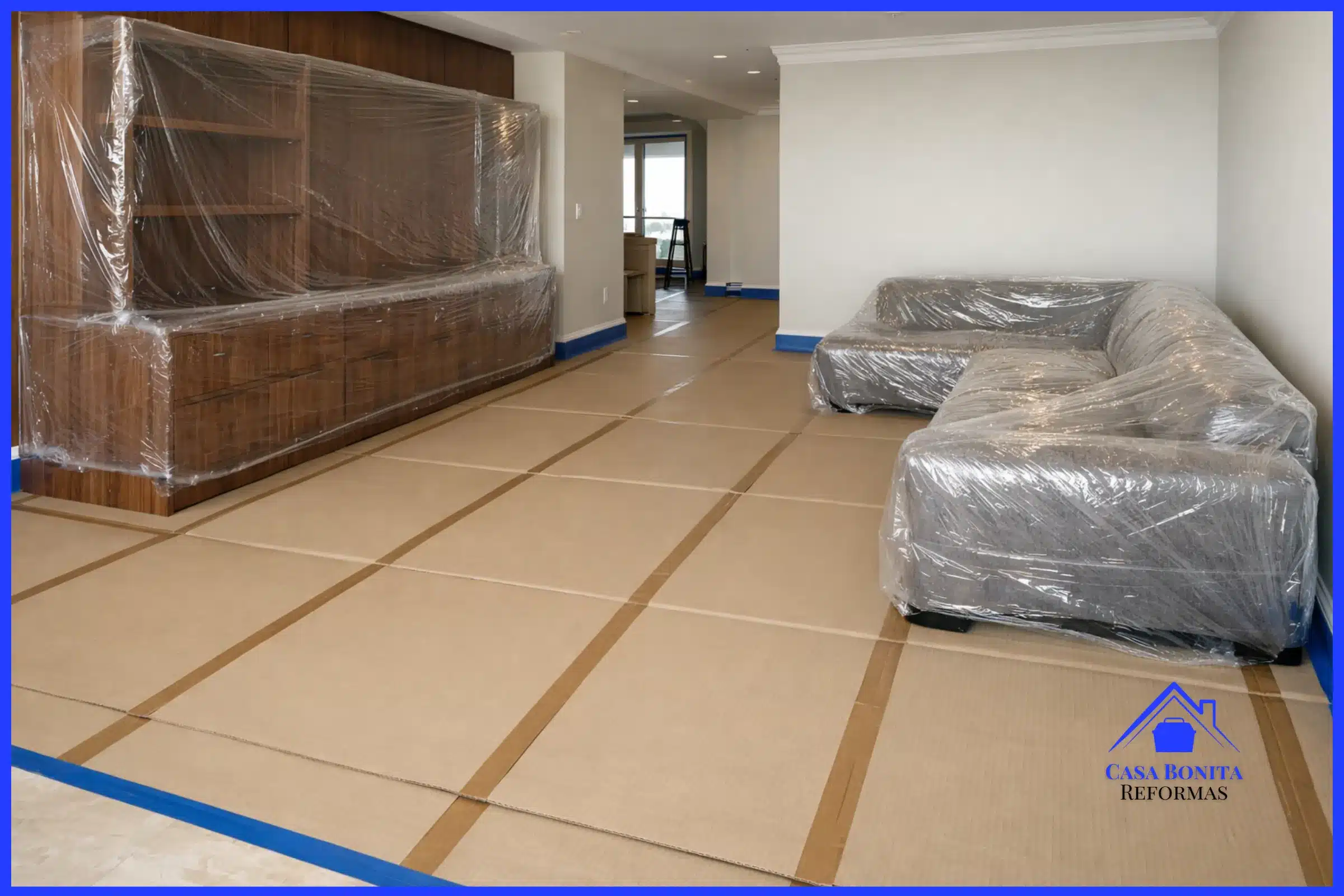 O Protocolo de Blindagem Patrimonial apartamento de luxo preparado para uma reforma impecável. Um piso de mármore claro está rigorosamente protegido por papelão ondulado bege de alta densidade (Salva-Piso), perfeitamente alinhado. Um móvel planejado de madeira nobre e um sofá estão "lacrados a vácuo" com plástico eletrostático transparente. Os rodapés brancos estão mascarados com fita adesiva azul de alta precisão. O ambiente está limpo, organizado, sem nenhuma gota de tinta.