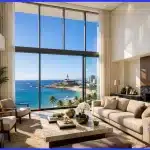 sala de estar de altíssimo padrão com pé direito alto. Grandes janelas de vidro do chão ao teto revelam uma vista deslumbrante do mar azul da Barra em Salvador, sob luz solar radiante. As paredes internas do apartamento possuem um "acabamento fino" impecável, pintadas em um tom off-white acetinado perfeito que reflete suavemente a luz natural, sem nenhuma imperfeição ou marca de rolo.