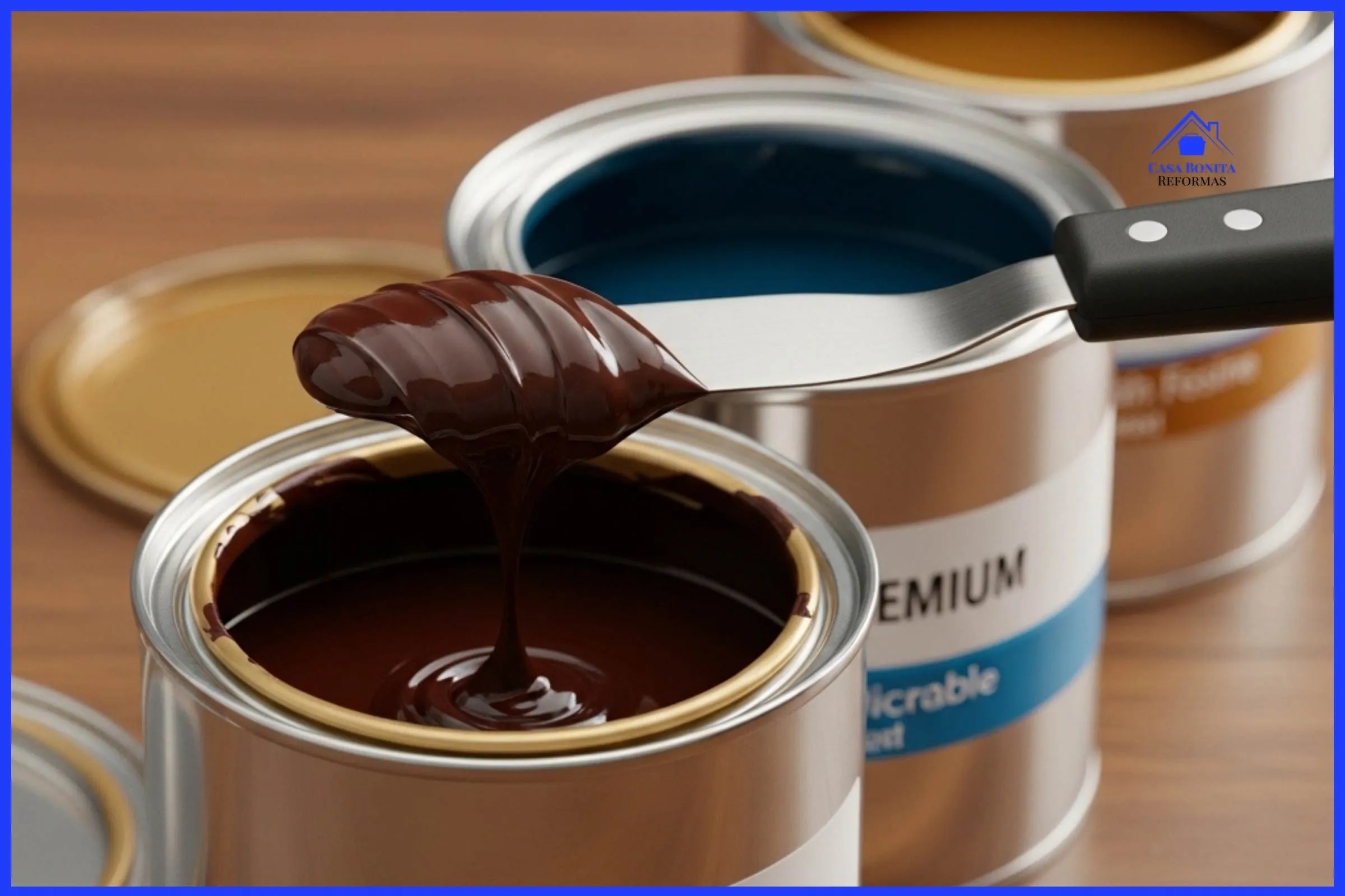 Tinta Premium, Econômica ou Profissional Qual Vale Mais a Pena Três latas metálicas de tinta abertas estão enfileiradas sobre uma mesa de madeira. A câmera foca na textura da tinta dentro da primeira lata (a Premium): ela é espessa, rica, densa e com um acabamento sedoso impecável. Uma espátula de aço inoxidável limpa levanta um pouco dessa tinta densa, demonstrando sua alta cobertura e viscosidade.