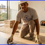 Pedreiro em Salvador assentando piso de porcelanato em obra residencial — Casa Bonita Reforma