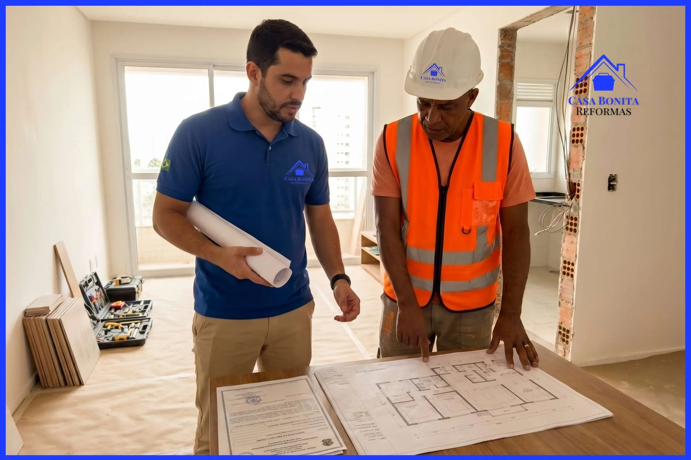 ART e RRT para Reforma Residencial em Salvador Engenheiro e pedreiro discutindo projeto de reforma residencial com documento de ART em Salvador