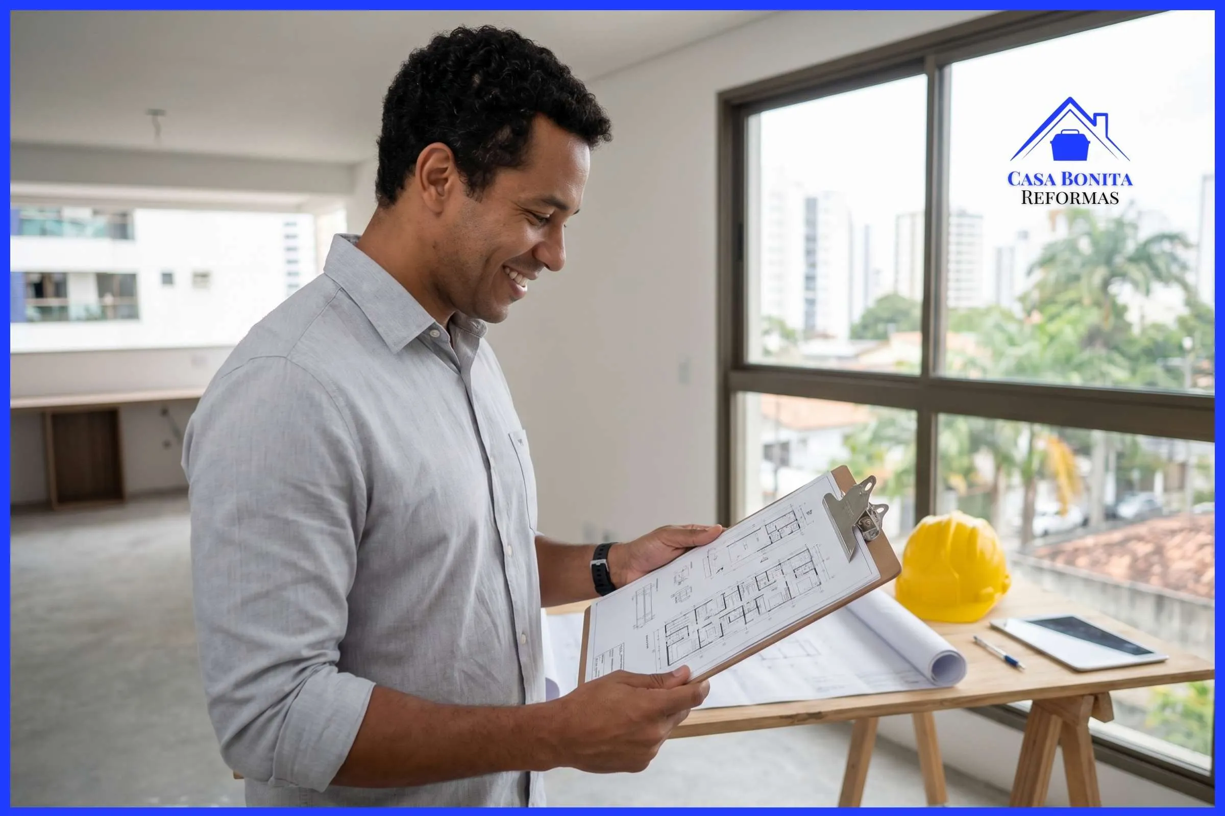 NBR 16.280 e Plano de Reforma Residencial em Salvador Engenheiro civil analisando plano de reforma e norma técnica NBR 16.280 em apartamento em Salvador