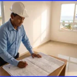 Pedreiro profissional consultando documentação técnica antes de iniciar reforma residencial em Salvador