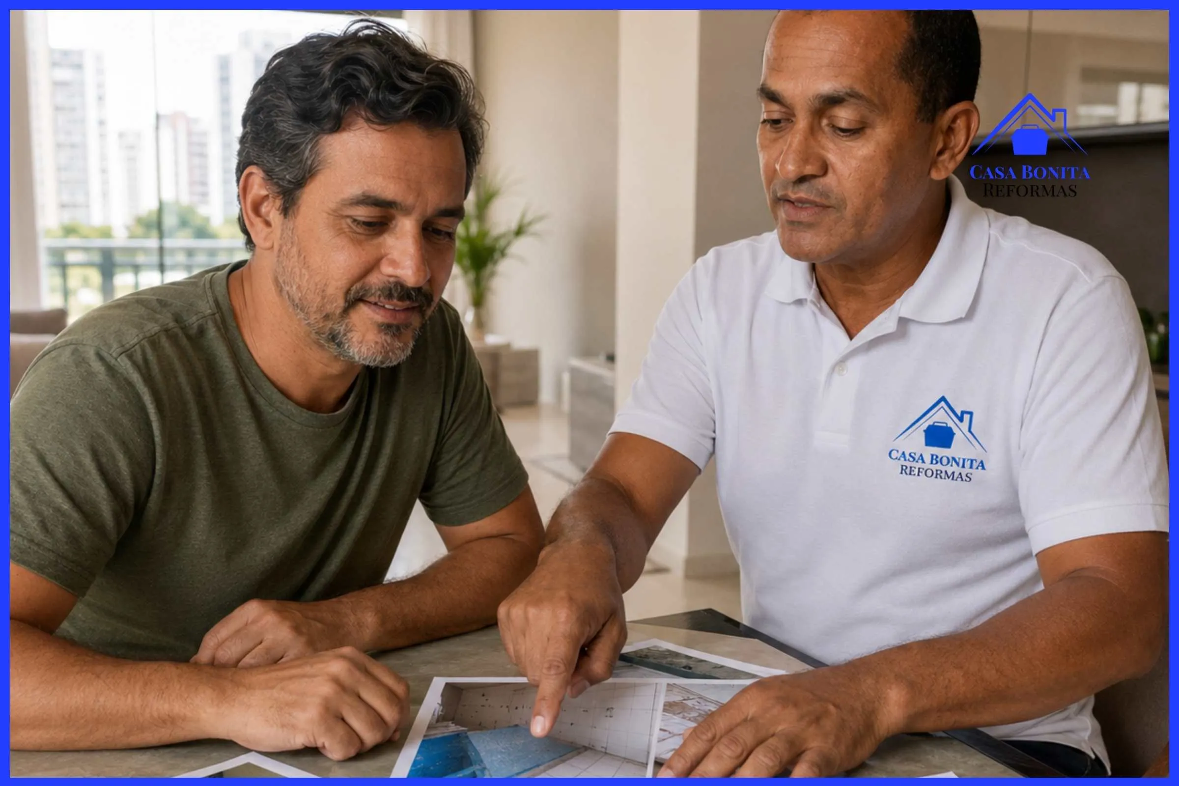 Avaliação Técnica de Pedreiro em Salvador: Portfólio, Referências e Especificação de Materiais Proprietário em Salvador analisando portfólio de obras de pedreiro profissional com fotos de etapas construtivas antes de fechar contrato de reforma