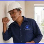 Mestre de obras experiente realizando diagnóstico técnico em apartamento de Salvador antes de abrir orçamento de reforma residencial
