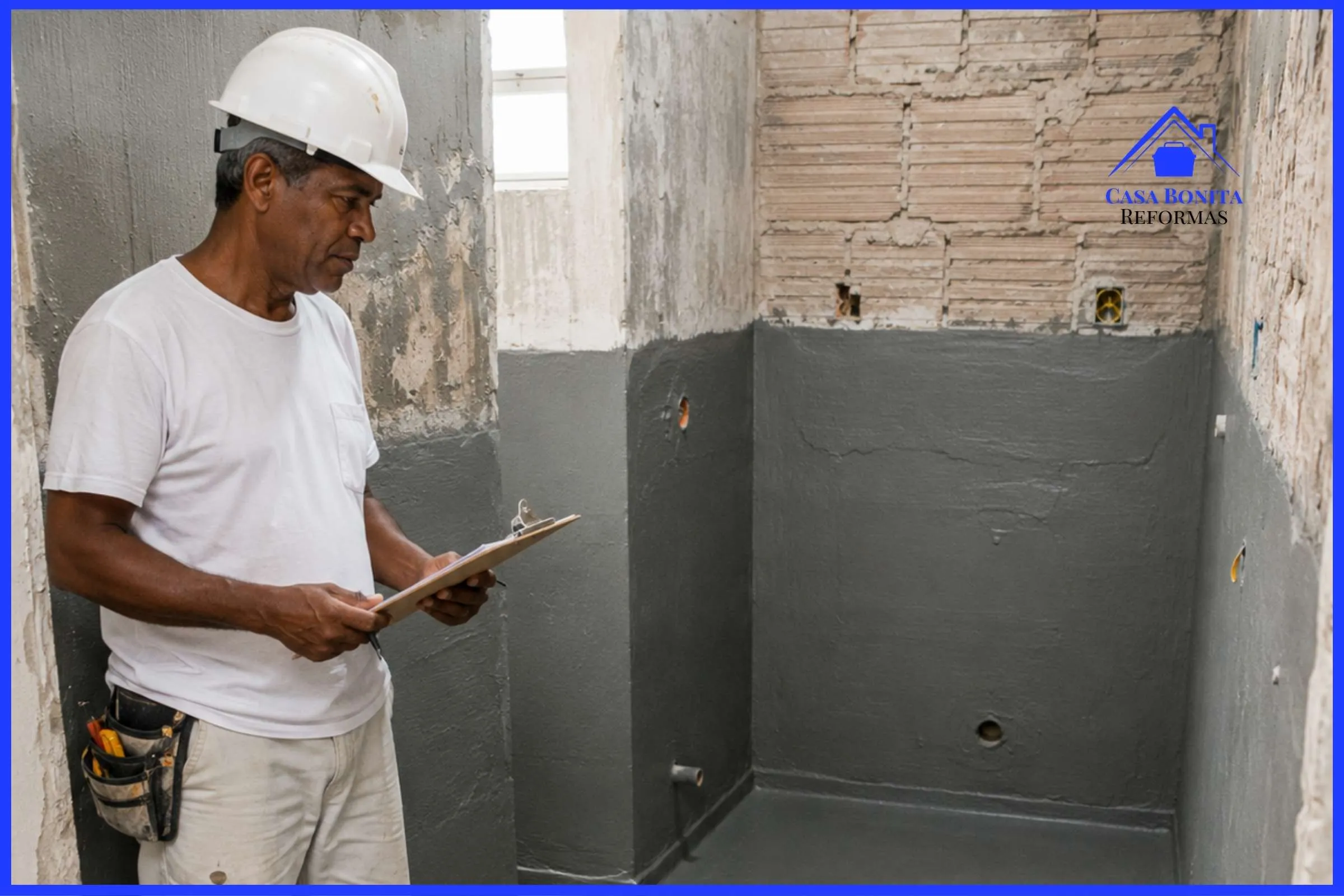 Execução de Reforma Residencial em Condomínio de Salvador com Controle Técnico por Etapas Mestre de obras acompanhando etapa de impermeabilização em reforma de apartamento em condomínio de Salvador seguindo as etapas da NBR 16.280