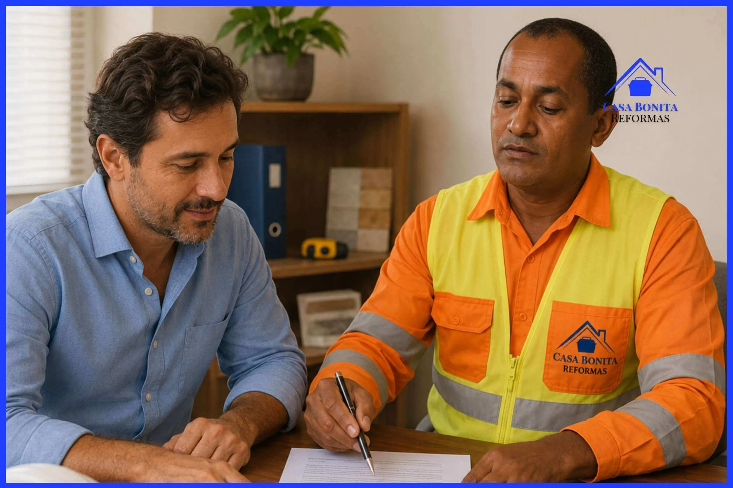 Assinatura de Contrato de Reforma Residencial em Salvador com Especificação Técnica Proprietário e mestre de obras revisando contrato de reforma residencial com especificação de materiais e cláusula de garantia em Salvador
