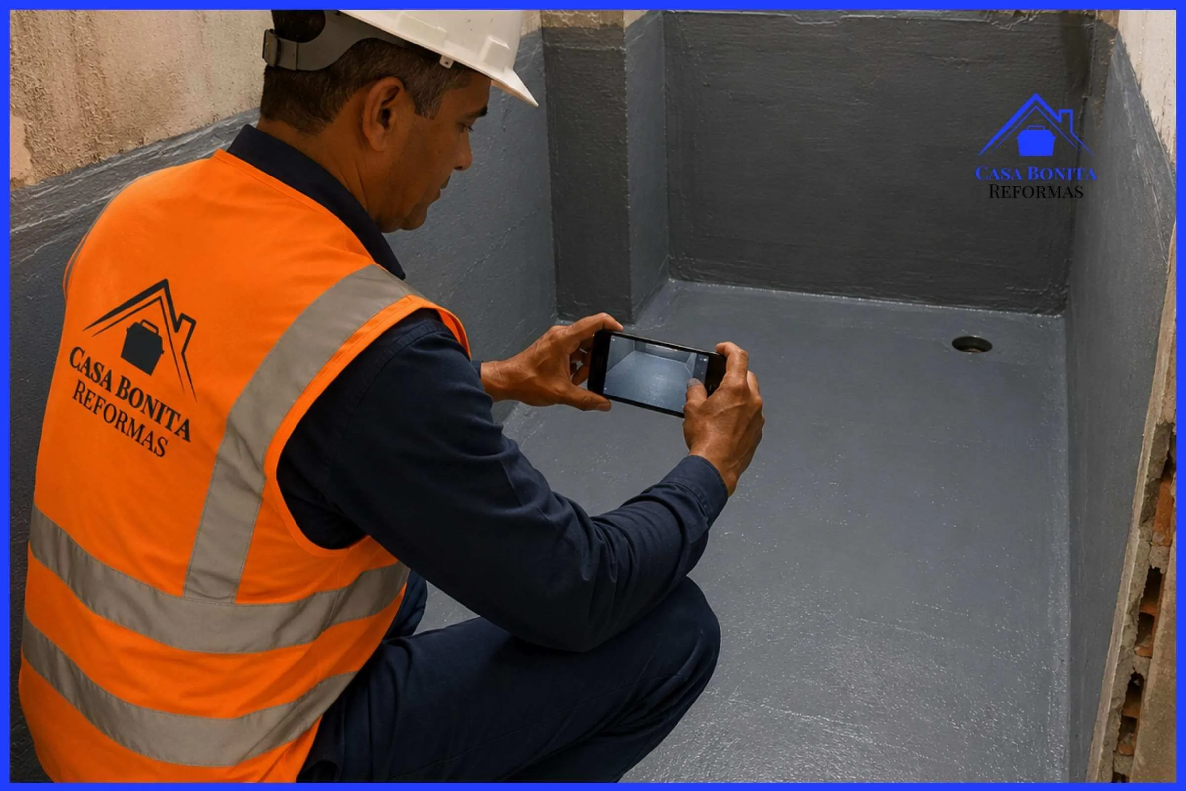 Registro Fotográfico de Etapa de Impermeabilização em Reforma Residencial em Salvador Pedreiro registrando fotograficamente a etapa de impermeabilização de banheiro antes do assentamento do revestimento em apartamento em Salvador