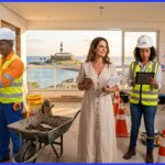 Fotografia photorealística e cinematográfica de Mestre Antonio, vestido com seu uniforme reflexivo e capacete de segurança, revestindo uma parede de azulejos em um apartamento de luxo inacabado durante a hora dourada. Ao fundo, outros trabalhadores da Casa Bonita Reformas realizam tarefas elétricas e de acabamento. Através das janelas panorâmicas, vê-se o Farol da Barra e o mar em Salvador, Bahia, Brasil. O logo oficial da empresa é visível em um banner.
