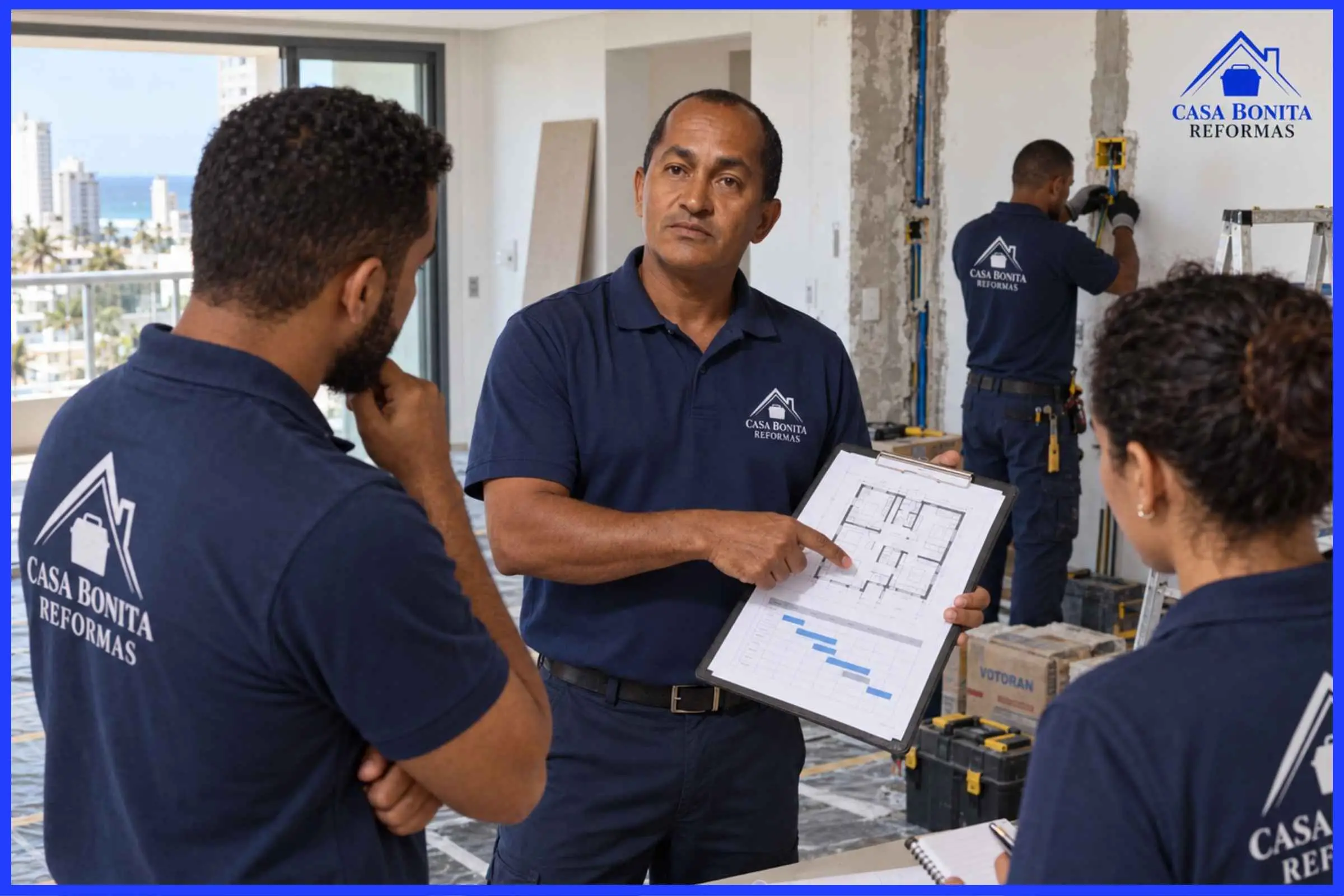 Cronograma de reforma de apartamento em Salvador Equipe planejando cronograma de reforma de apartamento em Salvador com Mestre Antônio Carlos.