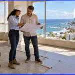 Engenheira e proprietária analisam a planta de um apartamento em reforma com vista para o mar em Salvador