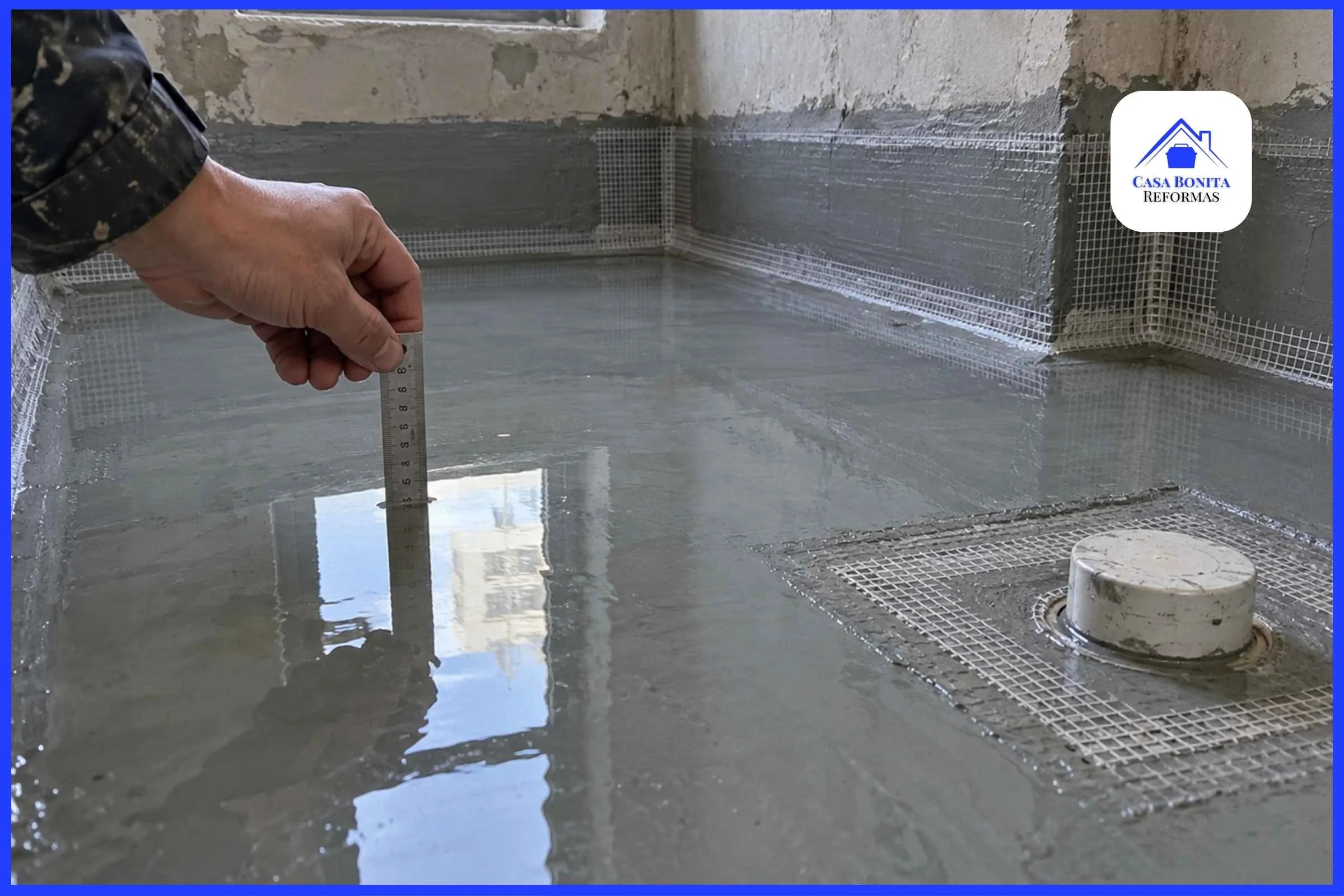 Teste de estanqueidade na impermeabilização do banheiro Piso de banheiro impermeabilizado coberto por lâmina de água durante teste de estanqueidade em apartamento