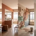 Mesma sala de apartamento dividida em quatro faixas mostrando renovação, remodelação, reforma e retrofit